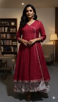 Gaun pesta musim panas wanita berbahan katun warna merah marun, model wrap panjang bergaya boho etnik tradisional India, rajutan tangan, nyaman dan bernapas.