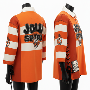 Chemise de rugby pour femme en coton épais de qualité supérieure, manches rayées orange, empiècements latéraux en dentelle, logo personnalisé imprimé à l'écran. Chemise de rugby pour femme en coton. - Product Image 5