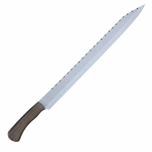Couteau à trancher à bord dentelé long, lame argentée, manche en bois grainé brun foncé pour la découpe du pain et de la viande, préparation culinaire - Product Image 3