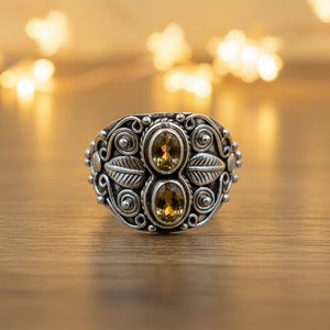 Anillo vintage hecho a mano de plata de ley 925 con citrino, grabado con hojas florales, estilo bohemio, anillo de doble piedra, regalo de Navidad - Product Image 3