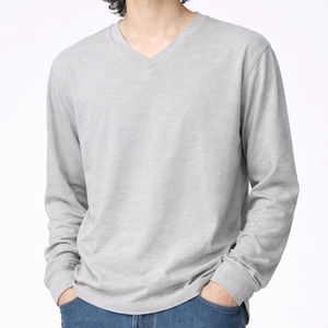 T-shirt à manches longues pour homme, col en V, 100% coton, uni, décontracté, coupe ample, tricoté, respirant, 180g, imprimé en sérigraphie, OEM - Product Image 1