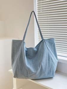Sac fourre-tout en jean bleu robuste, sac fourre-tout en tissu de coton multi-poches, sac fourre-tout à bandoulière de grande capacité, sac fourre-tout pour femme, sac de voyage, sac d'école - Product Image 6