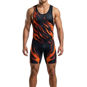 Combinaison de lutte personnalisée à rayures orange tigre, respirante, pour adulte, sublimée, 100 % polyester 140g, logo frontal, séchage rapide - Product Image 1
