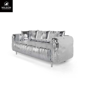 Sofá Seccional de Cuero Genuino de Alta Gama, Estilo Moderno y Lujoso, Muebles de Sala de Estar y Sofá de Metal Plateado para Villa - Product Image 2