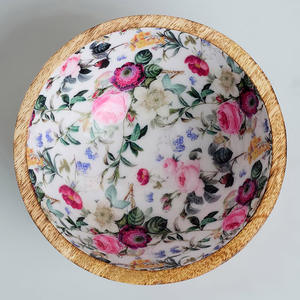 Juego de cuencos para servir de madera de mango natural, laca de grado alimenticio con estampado decorativo para sopa, arroz, aperitivos, frutas secas, decoración de mesa de comedor - Product Image 3