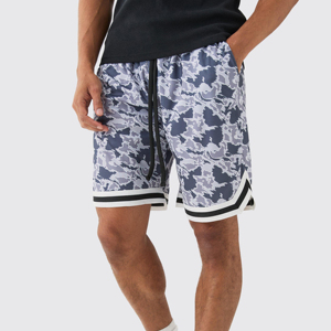 Custom Mens Grey Camo Mesh Basketball Shorts Striped Trim Drawstring Elastic Waist Casual <b>Athletic</b> Sports Camouflage Trunks - Product Image 5