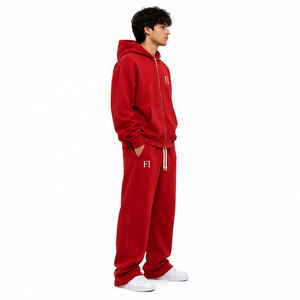 Ensemble de survêtement molletonné zippé pour homme avec logo imprimé, coupe oversize, style streetwear décontracté, vente en gros - Product Image 2