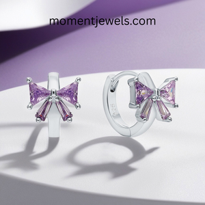 Boucles d'oreilles clous géométriques en argent sterling 925 plaqué platine avec zircon violet taille princesse et nœud, pour femme, cadeau, fête - Product Image 3