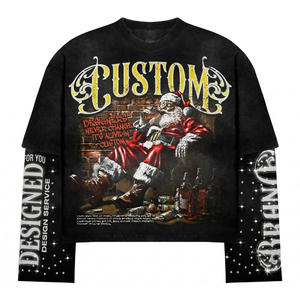 300Gsm Oversized Acid Wash Double-layer <b>Long</b>-sleeved <b>T</b>-<b>shirt</b> Distressed Rhinestone Graphic Streetwear - Product Image 2