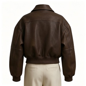 Brown PU <b>Leather</b> Bomber <b>Jacket</b> Turn-down Collar Zipper Closure Short Length Unisex Moto Style Autumn Wear - Product Image 5