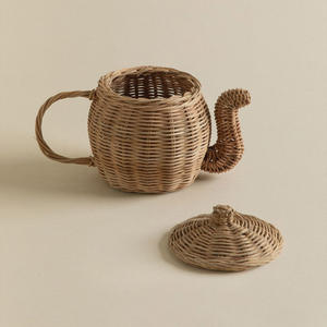 Petite théière et tasses en osier, mignon ensemble cadeau de théière miniature en rotin rose écologique, jeu de simulation de café, jouets pour enfants - Product Image 2