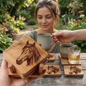Juego de Posavasos Cuadrados de Madera Rústica con Diseño de Caballo, Hechos a Mano en Uttar Pradesh, 10 cm de Diámetro - Product Image 3