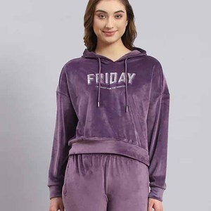 <b>Women</b> <b>Purple</b> Velvet <b>Tracksuit</b> Hooded Full Sleeve Casual Loose Fit With Letter Print Drawstring Waist Side Pockets Autumn Wear - Product Image 3