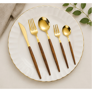 Ensemble de couverts en or au design fantastique avec manche en bois, couverts en acier inoxydable poli miroir, vaisselle pour mariage et restaurant - Product Image 2