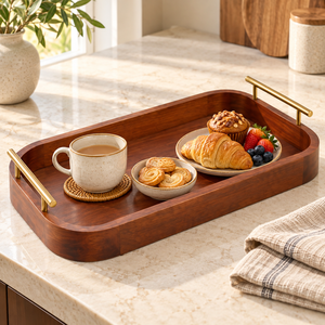 Plateau de service rectangulaire en bois artisanal avec poignées en laiton, plateau décoratif, vente en gros, OEM, ODM, en vrac - Product Image 2