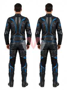 Ensemble veste et pantalon de moto en cuir noir et bleu pour homme, combinaison de moto coupe-vent - Product Image 6