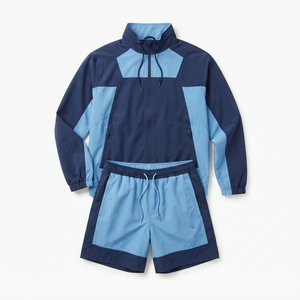 Ensemble de survêtement personnalisé pour hommes, veste légère à fermeture éclair intégrale et short, couleur unie ou color-block, vente en gros - Product Image 5