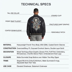 Men's Heavyweight Varsity <b>Jacket</b>-Oversized Loose Fit Stand Washed Finish Vintage Bomber Coated <b>Denim</b> High-End Graphic Streetwear - Product Image 5
