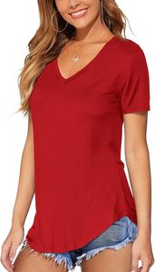 <b>Red</b> V Neck Women <b>Tshirt</b> Summer Short Sleeve Regular Fit Casual Business Office Wear 100% Cotton Knitted - Product Image 3