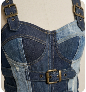 Denim <b>Patchwork</b> Corset <b>Top</b> Spaghetti Strap Halter Lace Up Bodycon Fitted Casual Wear All Seasons Breathable Woven Fabric - Product Image 4