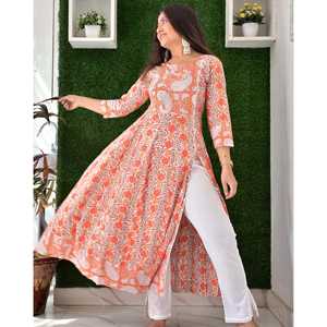 Conjunto de Kurta de Algodón Transpirable con Estampado Floral para Mujer en Naranja Brillante, Talla XS - Product Image 6