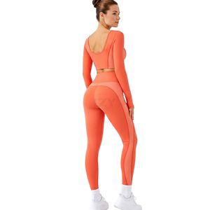 Ensemble de vêtements de sport en nylon et élasthanne de qualité supérieure, leggings sculptants, haut court à manches longues, tenue de yoga et de fitness - Product Image 2