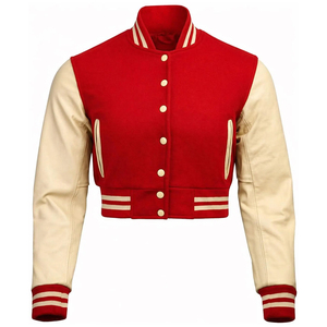2026 Comfortable New Trendy Women's Varsity Jacket Red White Contrast Full Sleeve Stand Collar Short Length Autumn Wear - Product Image 1