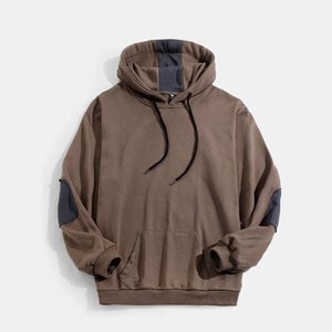 Men's Hooded Sweatshirt Brown Navy Patchwork Regular Fit Casual Knitted Cotton French Terry Autumn Wear - Product Image 1