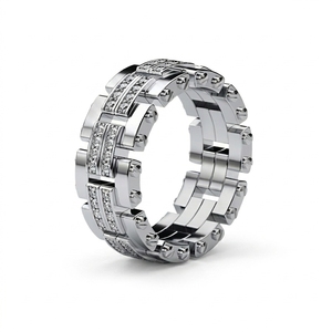 Anillo de compromiso personalizado para hombre, de oro blanco, con incrustaciones completas de diamantes de laboratorio VVS, estilo Hip Hop, con diseño de cadena industrial de peso pesado, RAAMAA - Product Image 1