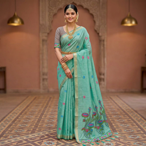 Sari de algodón de moda con bordado floral Meenakari y borlas, ropa tradicional para mujer, estilo indio pakistaní - Product Image 1
