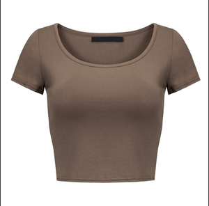 Women's Solid Color <b>Crop</b> <b>Top</b> O-Neck Short <b>Sleeve</b> Knitted Slim Fit Casual T-Shirt All Seasons Style - Product Image 2