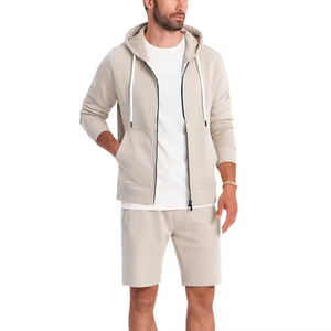 <b>Men</b> Hooded Sweatshirt With Shorts Set Solid Color Full Sleeve Zipper Closure Casual Wear Breathable Regular Fit Summer - Product Image 1