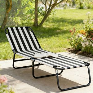 Chaise longue pliable noire et blanche pour la plage, le camping ou la détente en plein air - Product Image 1