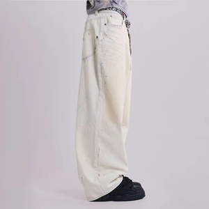 Pantalon cargo en jean droit pour homme, style biker, coupe ample, bleu, avec poches latérales, effet délavé - Product Image 1