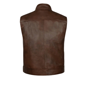 Men's Brown Genuine Leather Stand Collar Vest <b>Biker</b> <b>Waistcoat</b> Zipper - Product Image 2