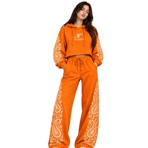 Orange <b>Womens</b> Paisley Print Cropped Hoodie Wide Leg Pants Two Piece Tracksuit Casual Streetwear Loose Fit <b>Jogger</b> Outfit <b>Set</b> - Product Image 1