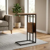Tables d'appoint modernes en bois imbriquées, design minimaliste, structure en métal noir, table d'appoint en bois et fer pour salon avec porte-revues