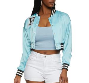 Chaqueta Varsity Corta de Satén para Mujer, con Forro de Poliéster y Logotipo Personalizado OEM, 100% Seda, Nueva y Elegante - Product Image 1