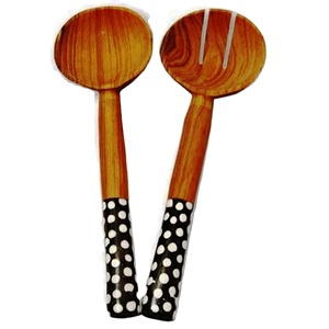 Ensemble de cuillères et fourchettes à salade en bois de manguier fait main, manche à pois noir et blanc, ustensiles de cuisine de luxe, export direct du fabricant - Product Image 1