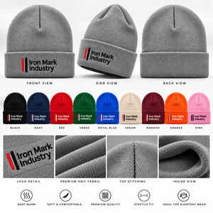 Iron Mark Industry Unisex <b>Beanie</b> <b>Hat</b> Solid Color Embroidery Knit Winter Casual Stretch Fit 50-52cm Adult Size 100% <b>Wool</b> - Product Image 1