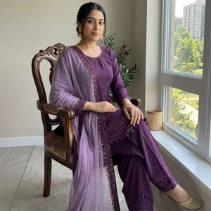 Wedding Salwar Kameez <b>Set</b> Ethnic Wear Knee-Length Silk Salwar Kameez Party Embroidery Sequence Zari Work - Product Image 1