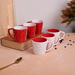 Juego de 2 Tazas de Cerámica con Textura de Diamante Rojo y Blanco, Aptas para Microondas, con Acabado Glaseado, Diseño Rústico Informal, Patrón Floral, Tazas Personalizadas - Product Image 2