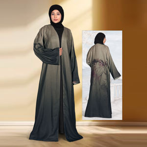 Abaya de Lino con Frente Abierto y Panel Trasero con Estampado Digital Artístico, Diseño de Tela Degradada, Elegante y Modesto, Largo hasta el Suelo, para Mujer - Product Image 3