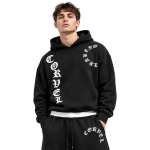 Conjuntos de sudaderas con capucha extragrandes para hombre con estampado de letras góticas personalizadas y joggers de pierna ancha de doble cintura, de felpa de algodón de alto gramaje, lisos. - Product Image 2