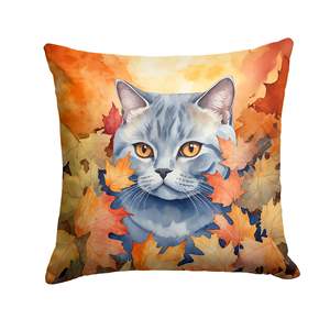 Gato británico de pelo corto con hojas de otoño, almohada decorativa lavable a máquina para interiores y exteriores, 14H x 14W para sofá cama y Patio - Product Image 1