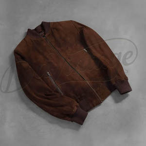 Chaqueta bomber de gamuza marrón oscuro para hombre, piel de oveja auténtica, corte ajustado, informal, estilo motociclista, con cremallera y puños acanalados. - Product Image 2