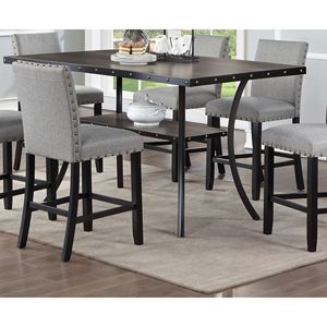 Set da Pranzo Moderno Classico 7 Pezzi in Legno Naturale con 6 Sedie Alte con Rivestimento in Tessuto Grigio e Dettagli Chiodati e Ripiano Portaoggetti - Product Image 3