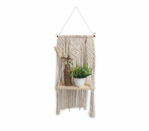 Macetero de Pared de Macramé de Algodón Hecho a Mano, Diseño Bohemio, Redondo, Colgante, con Estante de Madera de Rajastán para Decoración del Hogar - Product Image 1
