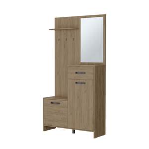MUEBLES FM Elko Roble Natural Hall Tree Multistorage Gancho de pared y perchero con espejo - Product Image 2
