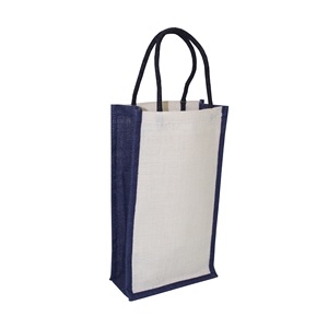 Sac d'emballage pour bouteille de vin en coton blanc et bleu avec poignée en corde, compartiment intérieur pour bouteille, motif lettre en jute laminé PP - Product Image 3